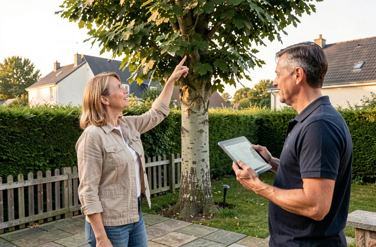 Propriétaire et élagueur en discussion dans un jardin du Val-d'Oise pour l'estimation du coût d'élagage d'un peuplier