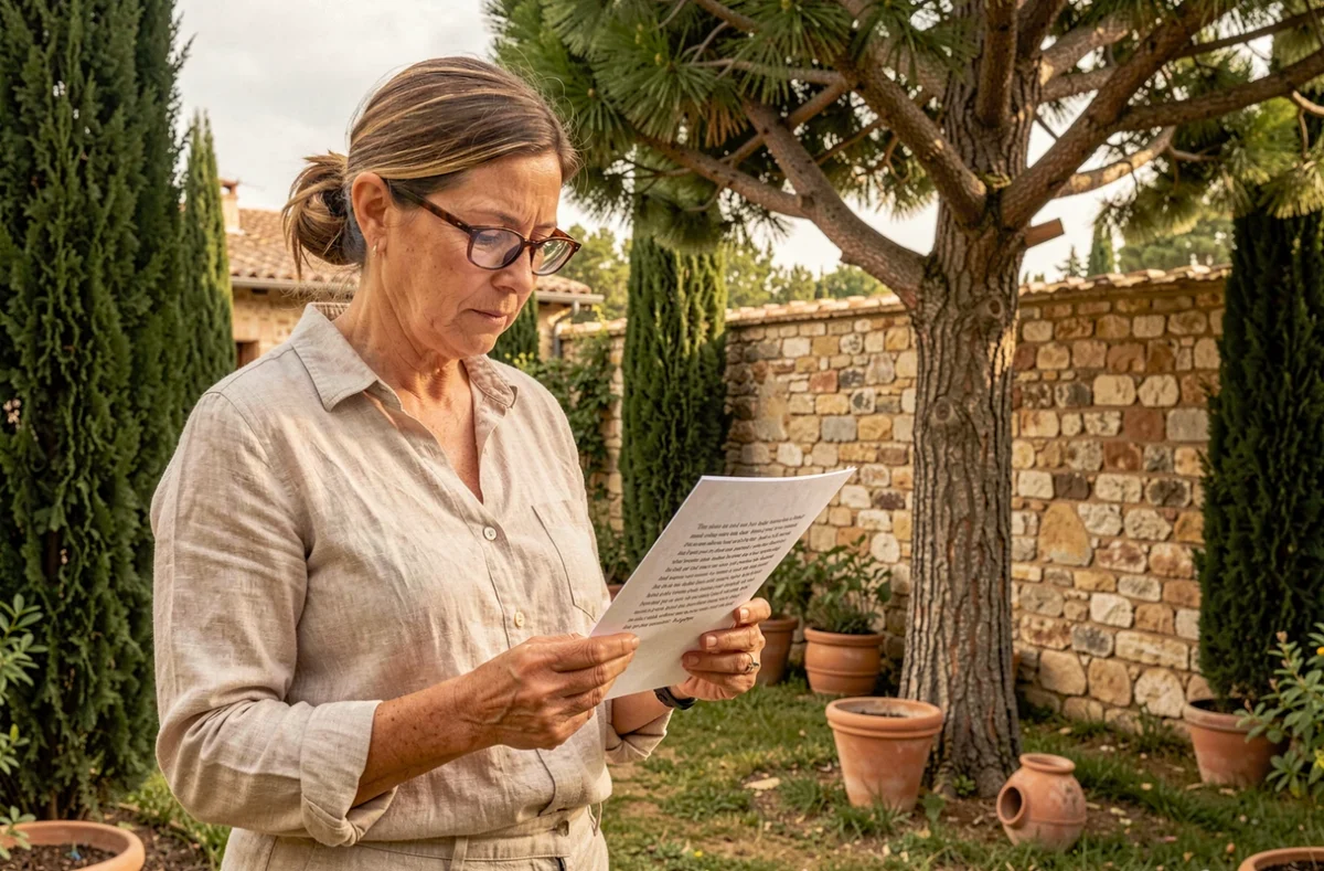 Propriétaire lisant attentivement un devis d'élagage dans son jardin provençal près d'Aix-en-Provence