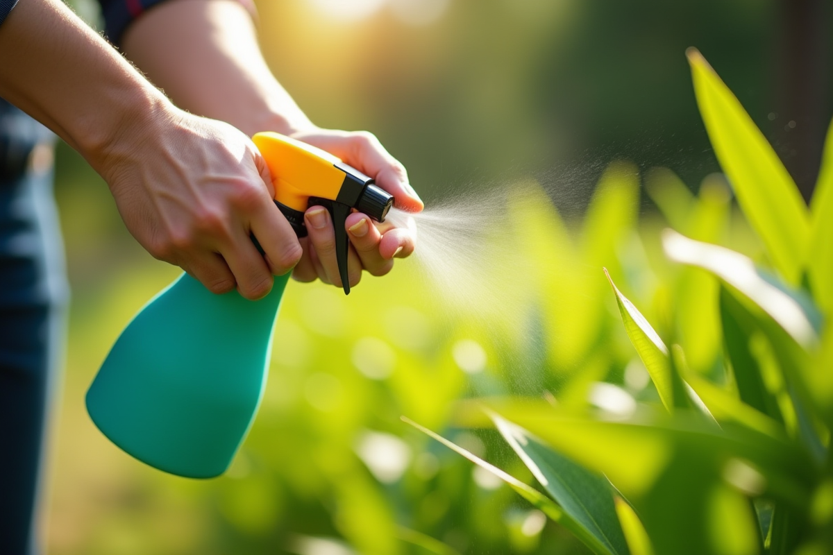 Main pulvérisant un désherbant naturel dans le jardin