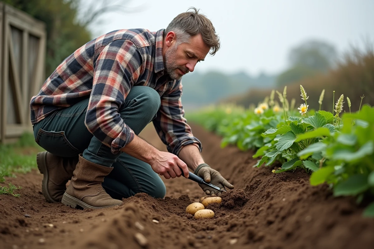 Jardinier vérifiant la taille des pommes de terre sous terre au moment de la floraison pour évaluer la récolte