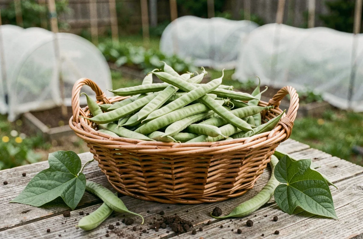Panier de haricots verts récoltés précocement grâce à des techniques de protection sans serre au potager