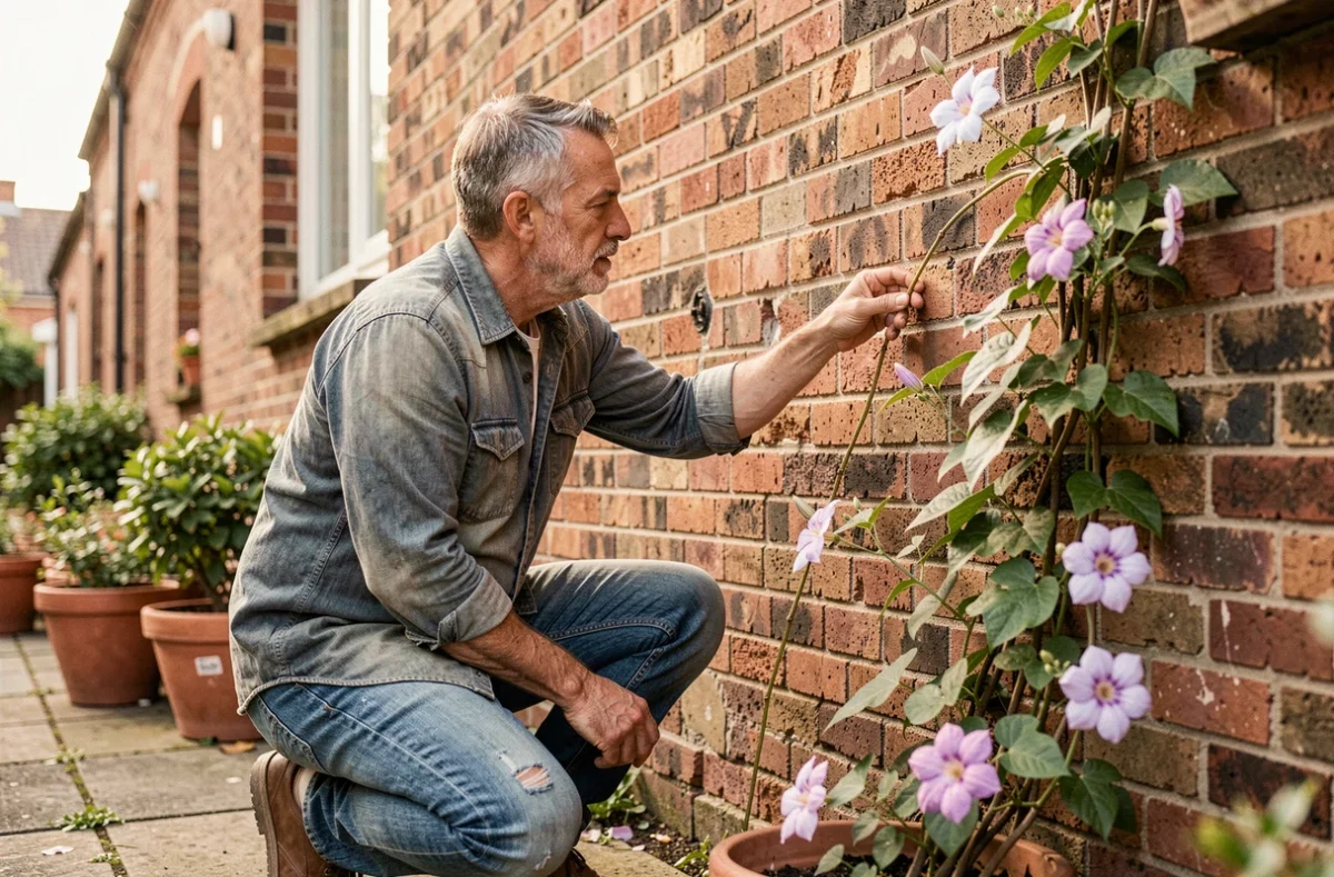 Jardinier redirigeant les tiges d'une clématite vers une zone mieux exposée le long d'un mur en briques