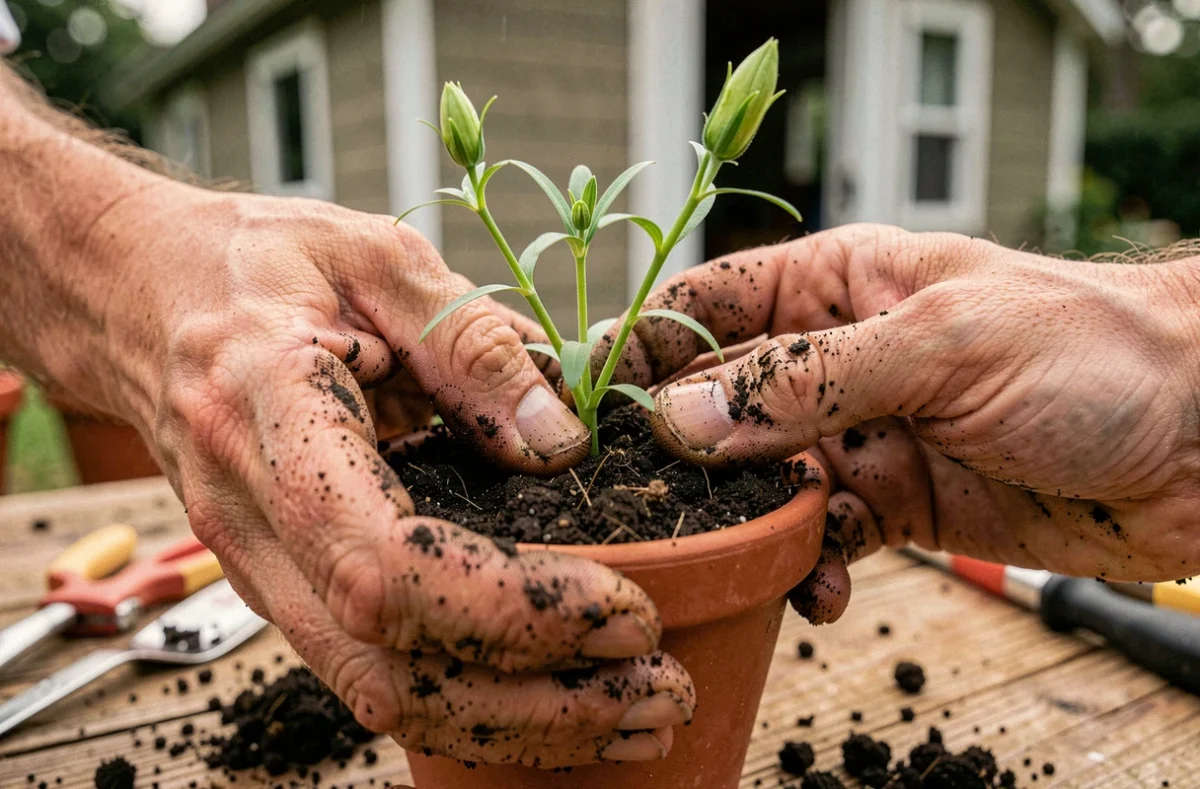 Mains rempotant un jeune plant de lisianthus dans un pot en céramique avec du terreau frais