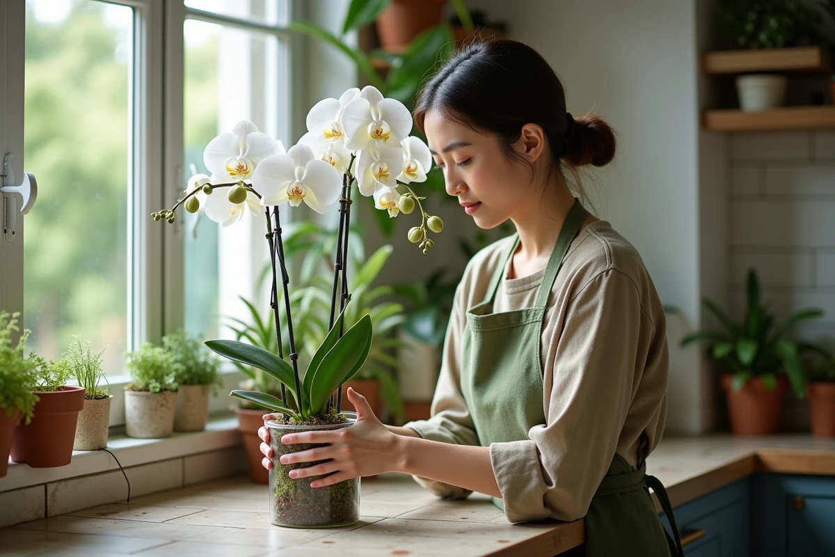 Femme rempotant une orchidée Phalaenopsis avec de la sphaigne dans un pot transparent, racines aériennes visibles, dans une cuisine lumineuse