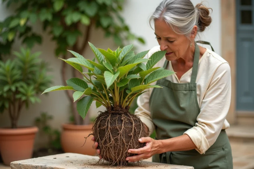 Femme rempotant un bougainvillier dans un pot en terre cuite sur une terrasse en pierre, révélant les racines enchevêtrées de la plante