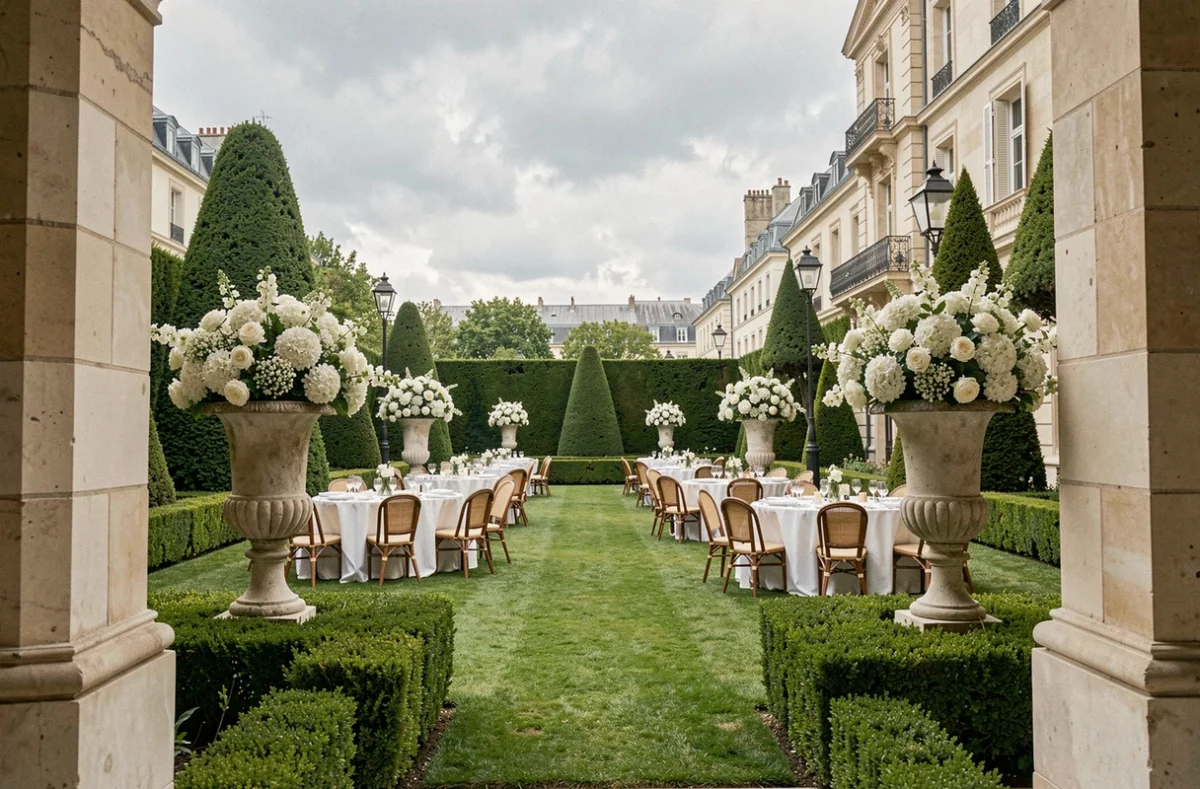 Jardin événementiel parisien aménagé par un paysagiste avec topiaires, tables dressées et hôtel particulier