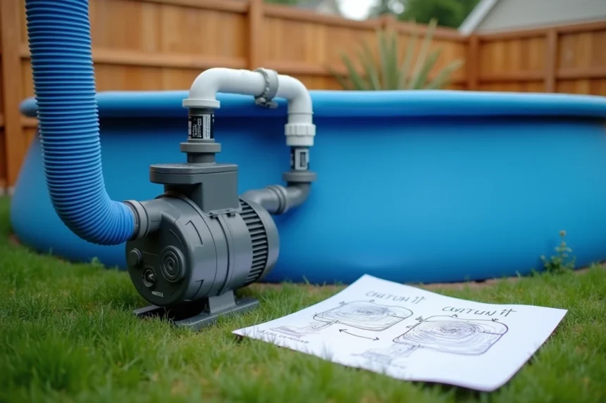 Schéma d'installation d'une pompe de filtration Intex sur une piscine hors-sol avec tuyaux flexibles et connexions visibles