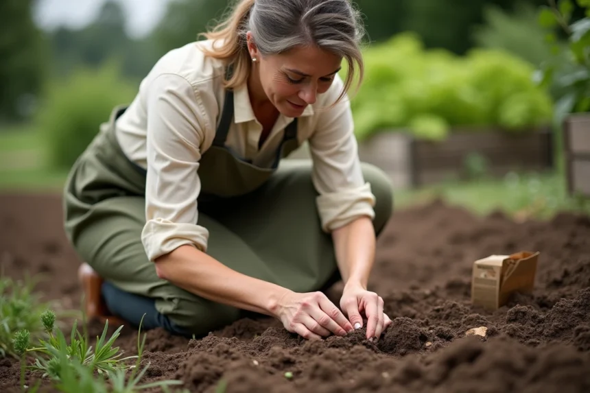 Femme semant du persil en ligne dans un potager, pressant les graines dans un sillon avec les doigts