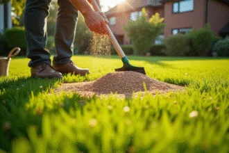 Jardinier semant des graines sur une pelouse verte ensoleillee