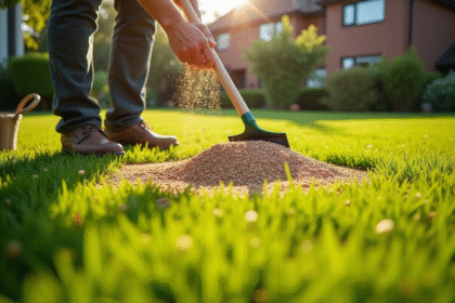 Jardinier semant des graines sur une pelouse verte ensoleillee