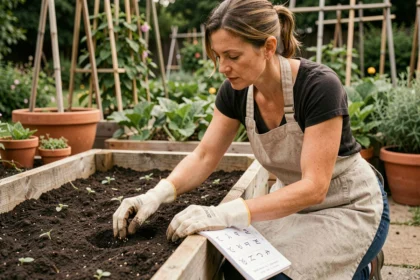 Femme qui sème des graines dans un potager en suivant le calendrier lunaire avec signes du zodiaque