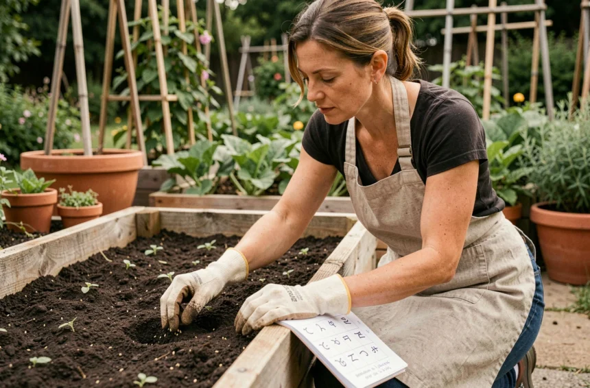 Femme qui sème des graines dans un potager en suivant le calendrier lunaire avec signes du zodiaque