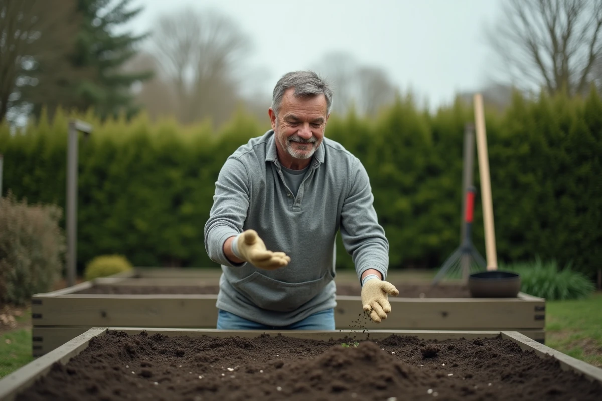 Homme semant du persil à la volée dans un potager en dispersant les graines à la main sur une planche de terre