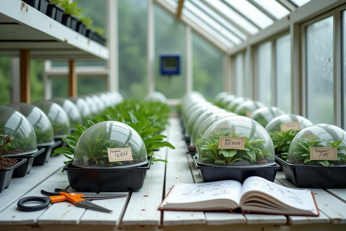 Serre intérieure organisée pour la propagation de pivoines arbustives sous dômes de bouturage en 2026
