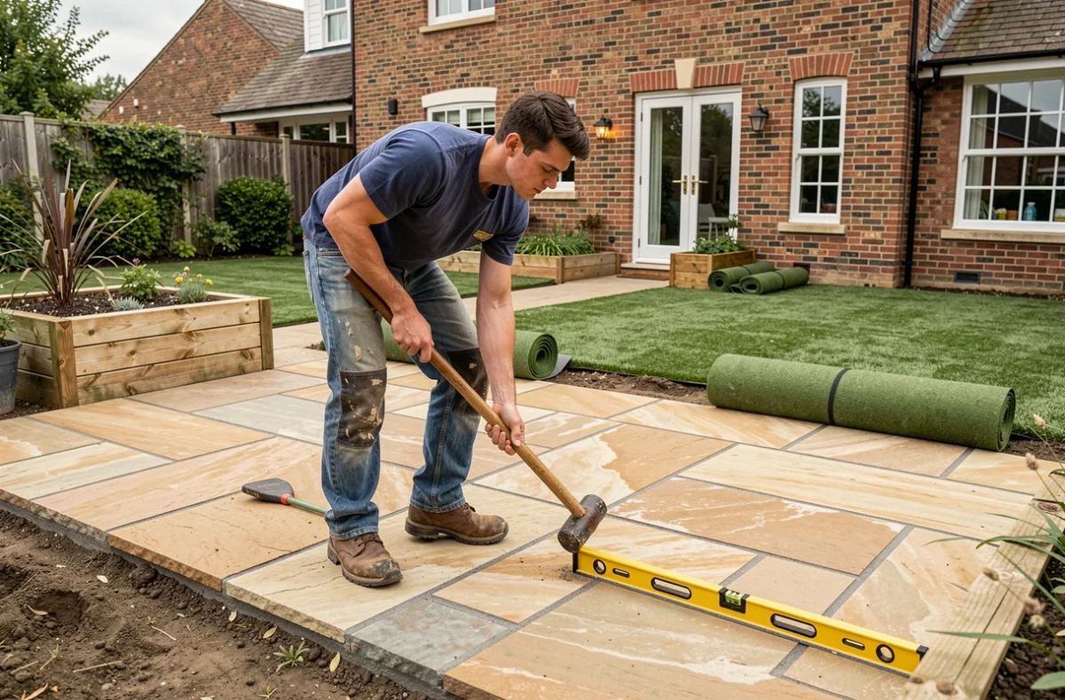 Servant Maxime posant des dalles de grès naturel sur une terrasse lors d'un chantier d'aménagement paysager dans le Calvados