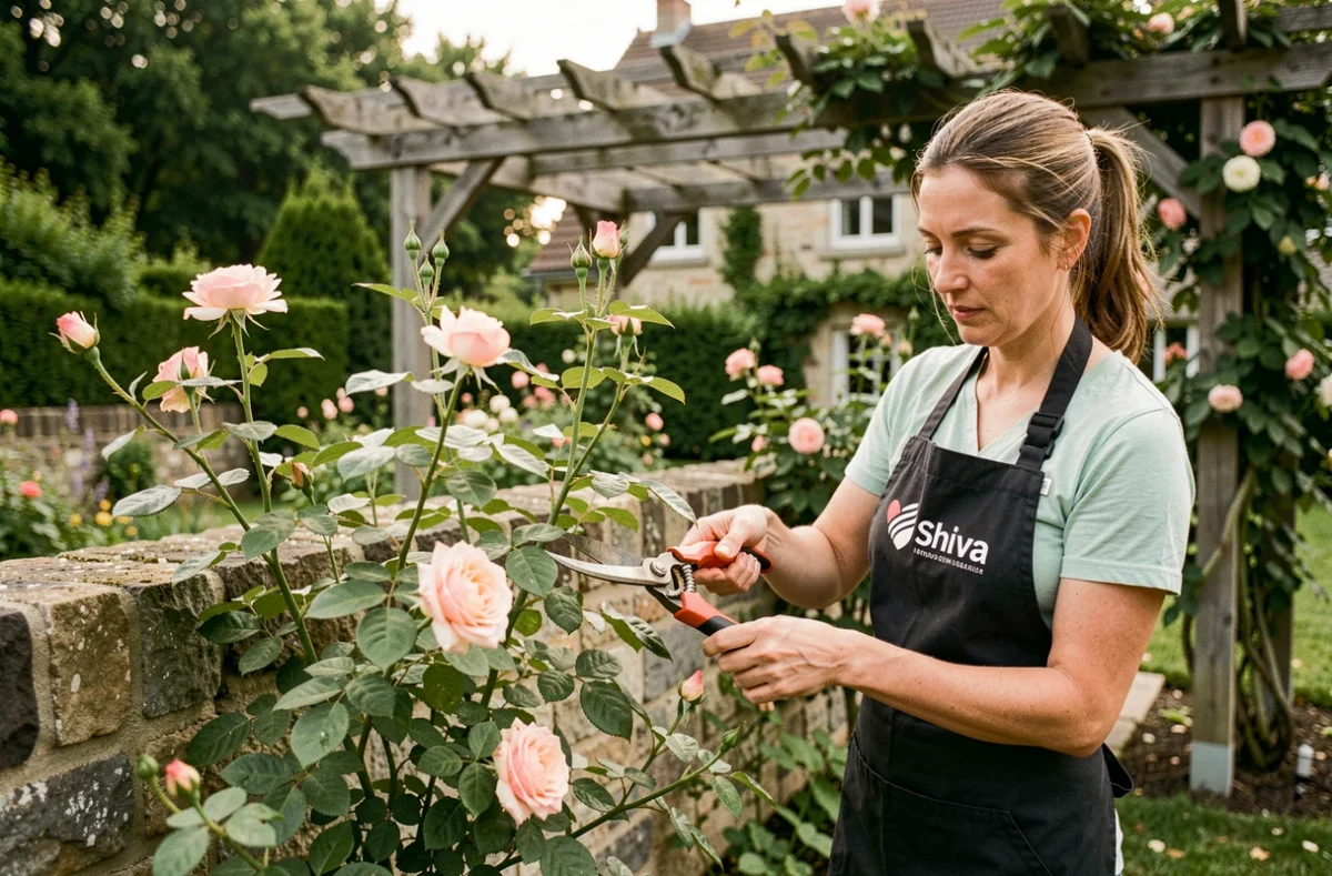 Shiva Grand Est : aide ménagère taillant un rosier dans un jardin résidentiel de la région Champagne-Ardenne