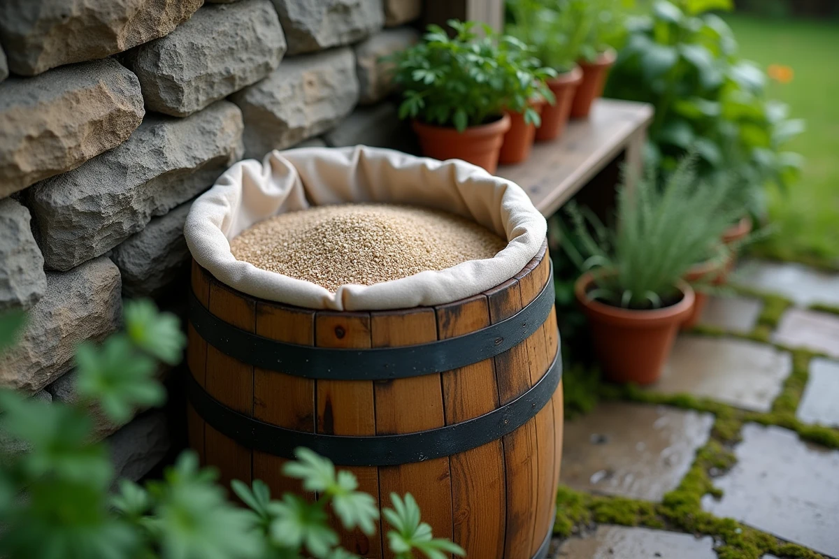 Système de filtration artisanale de l'eau de pluie avec sable et tissu sur un tonneau en bois au jardin