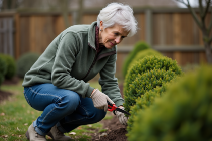 Femme taillant des buxus dans un jardin au printemps