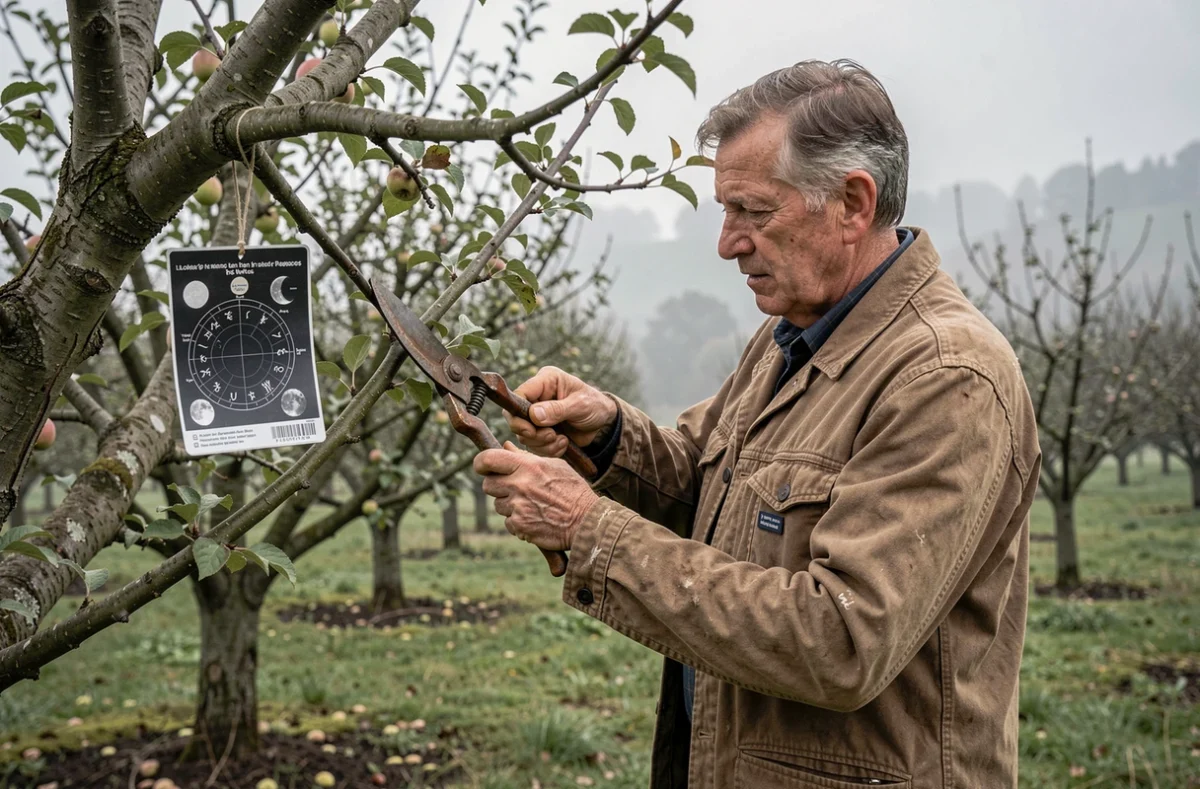 Jardinier effectuant une taille d'arbre fruitier en suivant le calendrier lunaire 2026 dans un verger