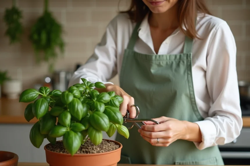 Femme taillant un plant de basilic en pot avec des ciseaux sur un plan de travail en bois