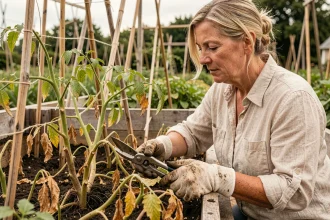 Femme taillant des pieds de tomates endommagés par un coup de chaud dans un potager