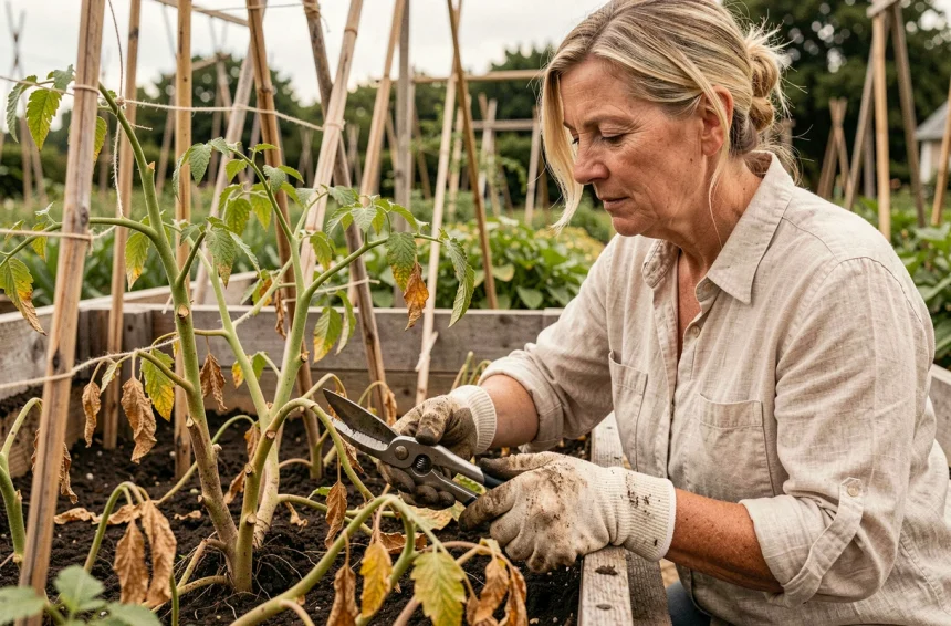 Femme taillant des pieds de tomates endommagés par un coup de chaud dans un potager