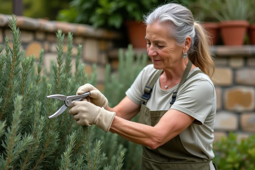 Femme qui taille un plant de romarin en fin de printemps dans un jardin méditerranéen avec des cisailles