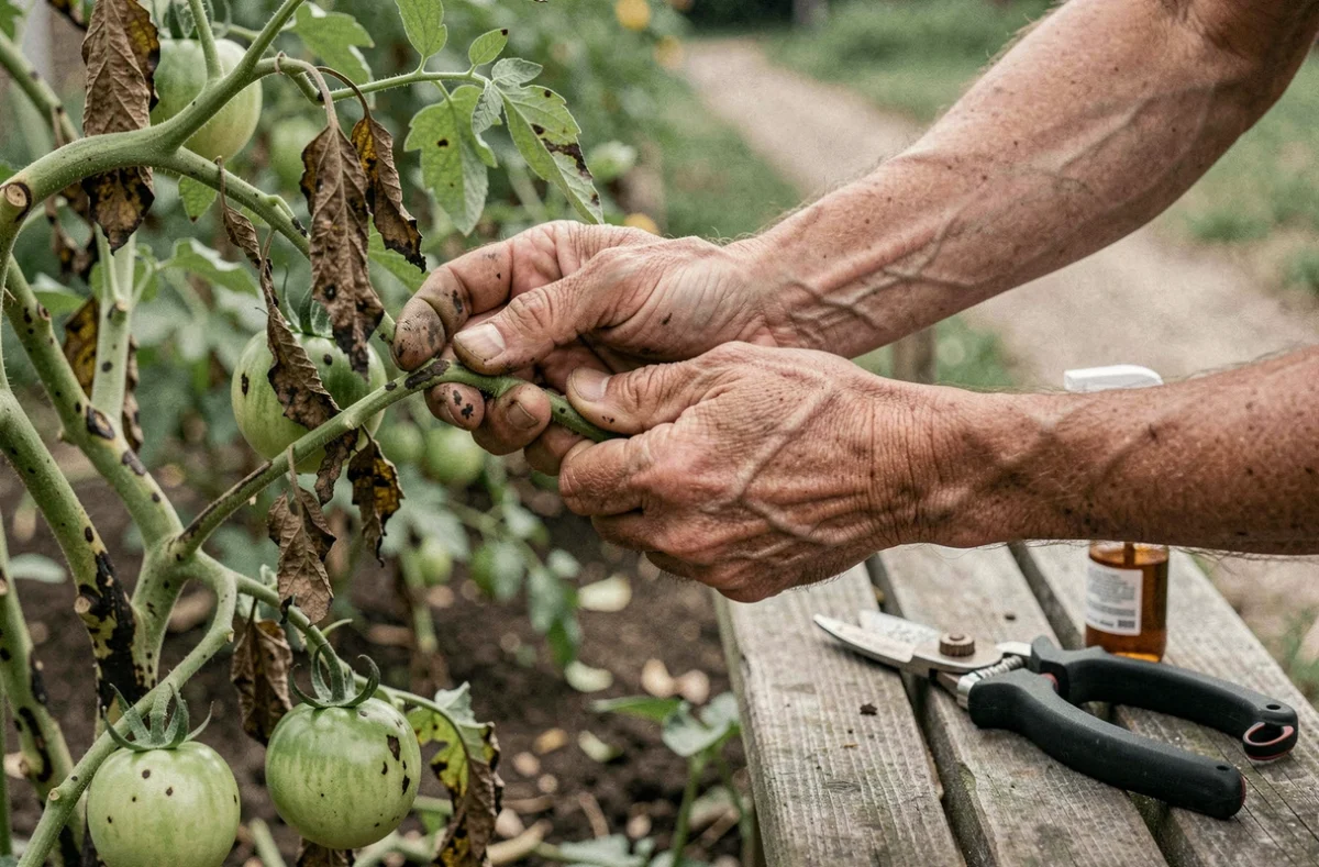 Mains d'un jardinier retirant des branches de tomates abîmées par la grêle dans un potager