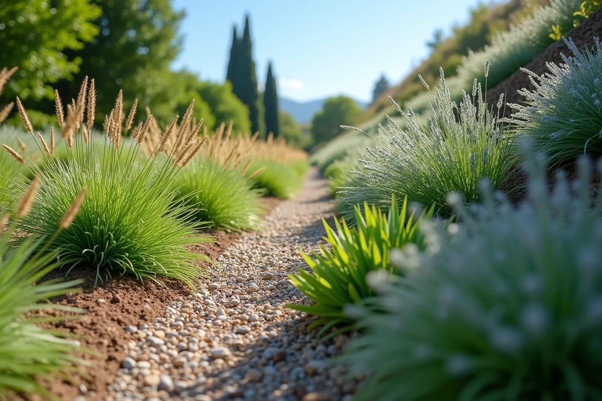 Talus planté de plantes couvre-sol résistantes à la sécheresse avec paillis gravier, jardinage sans arrosage sur pente