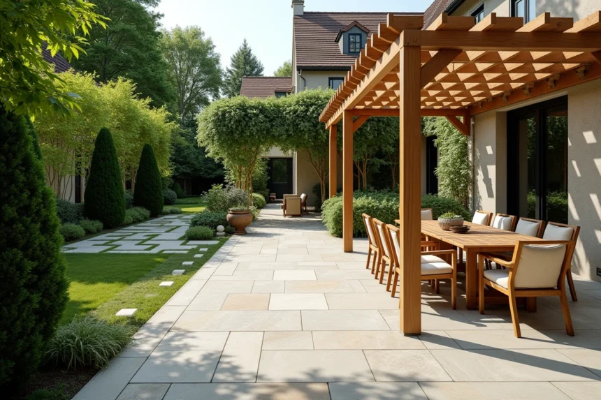 Terrasse extérieure premium avec dallage en pierre naturelle, pergola en bois et haies ornementales taillées dans un jardin résidentiel haut de gamme