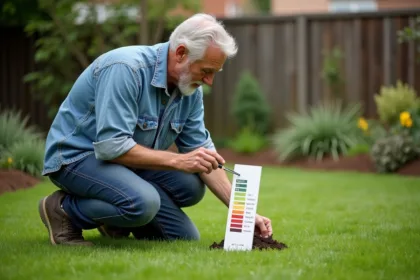 Homme testant le pH du sol dans son jardin