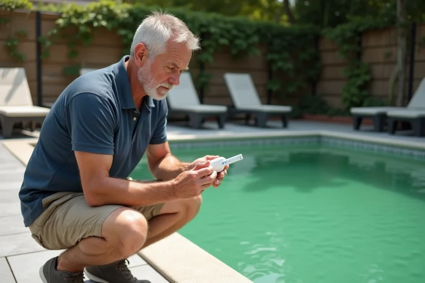 Homme testant la qualité de l'eau verte d'une piscine résidentielle avec un kit d'analyse chimique