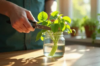 Mains manipulant une tige de pothos dans un verre d'eau en plein jour