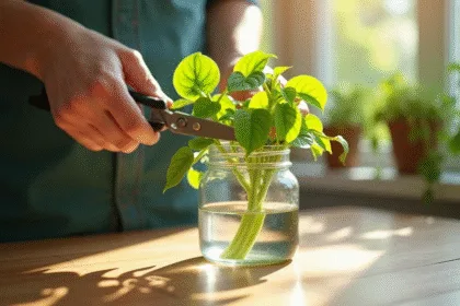 Mains manipulant une tige de pothos dans un verre d'eau en plein jour