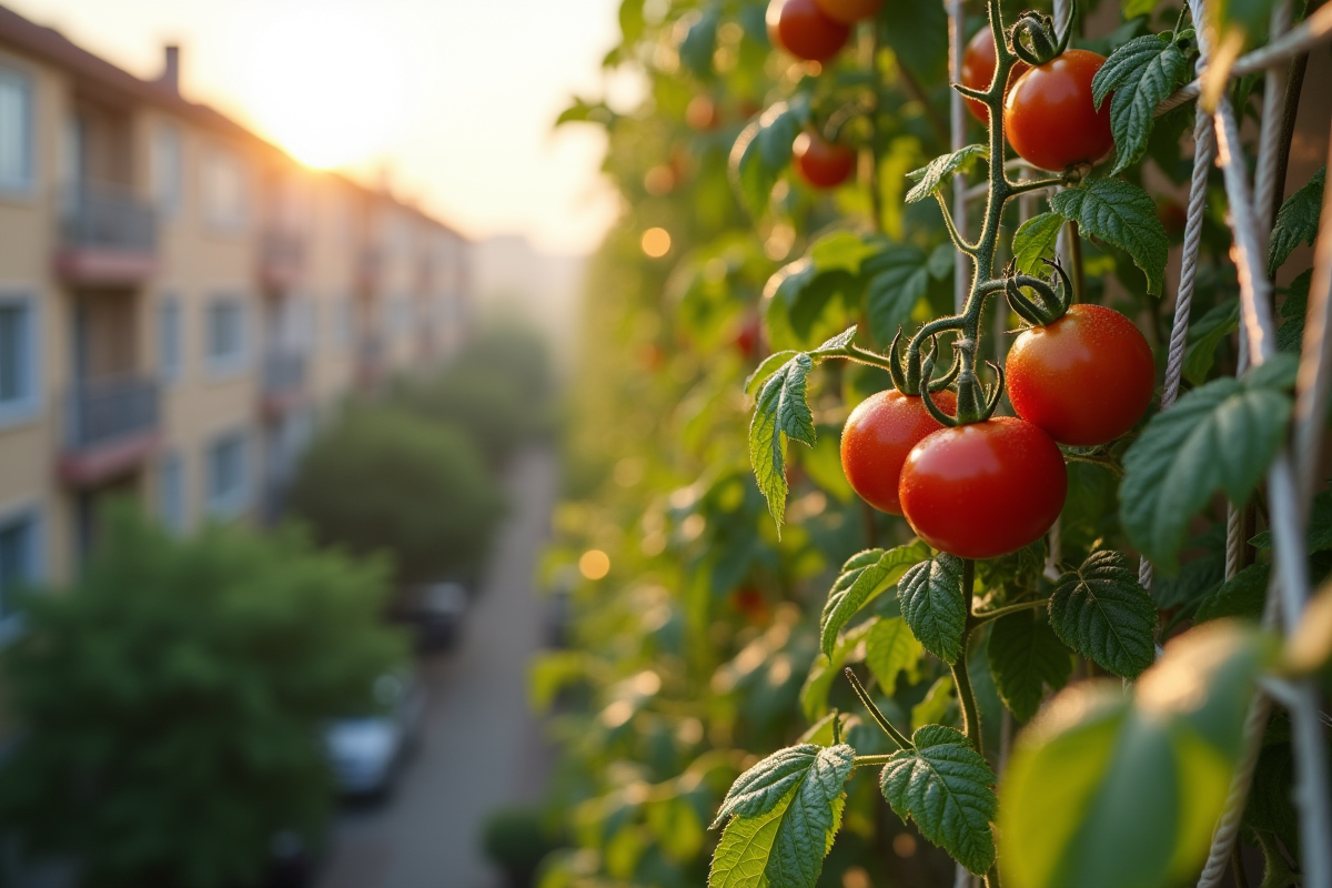 Tomates en balcon avec support net blanc et lumière du matin