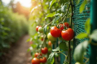 Plants de tomates dans un jardin avec filet de soutien et tomates mûres