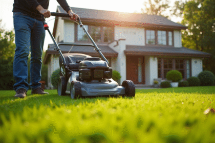 Homme tondant une pelouse verte devant une maison moderne