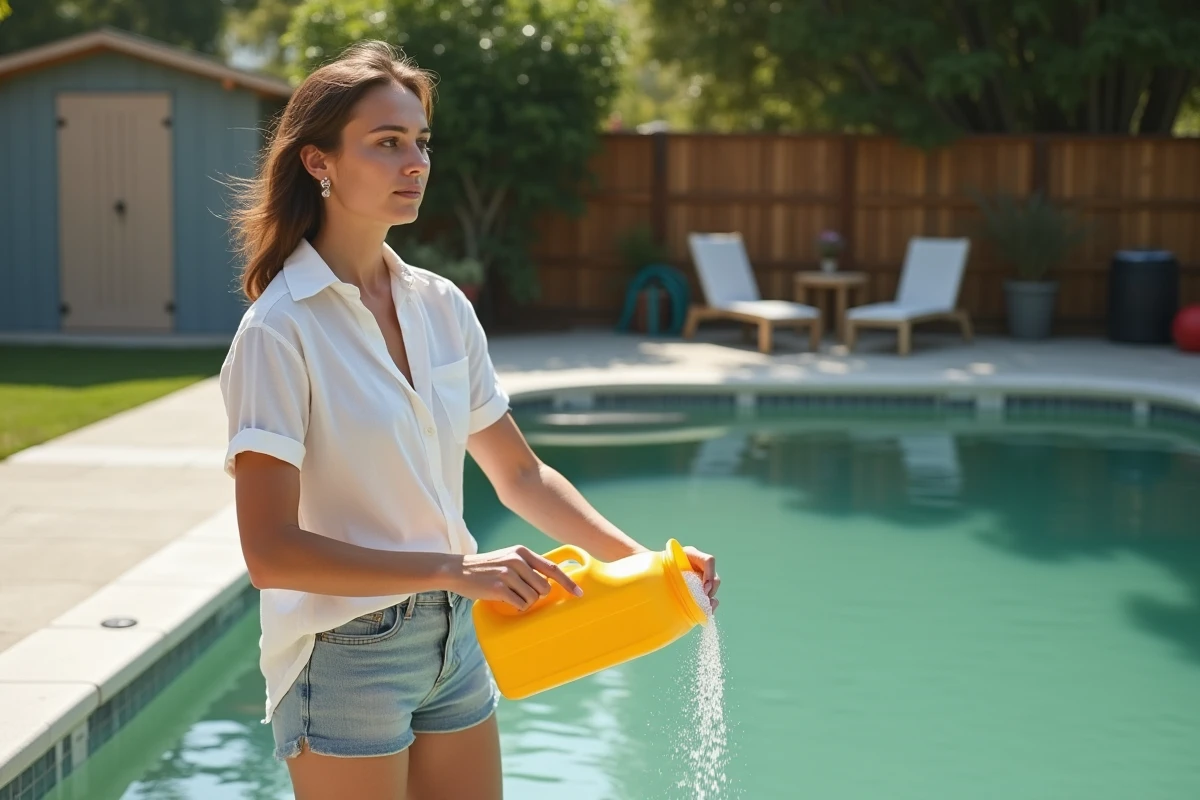 Femme versant du chlore choc en granulés dans une piscine à l'eau verte pour traitement algicide