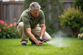 Homme appliquant un traitement sélectif herbicide sur une pelouse envahie par des mauvaises herbes dans un jardin résidentiel