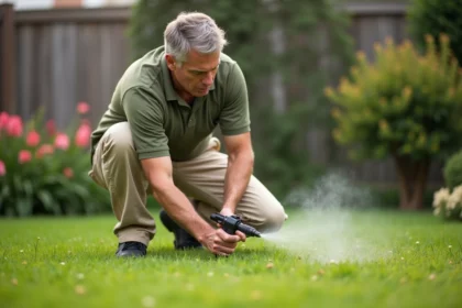 Homme appliquant un traitement sélectif herbicide sur une pelouse envahie par des mauvaises herbes dans un jardin résidentiel