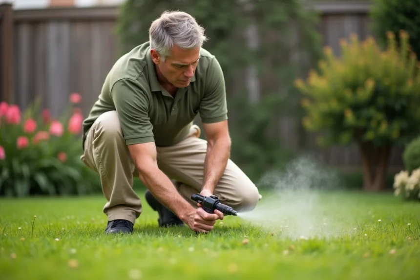 Homme appliquant un traitement sélectif herbicide sur une pelouse envahie par des mauvaises herbes dans un jardin résidentiel