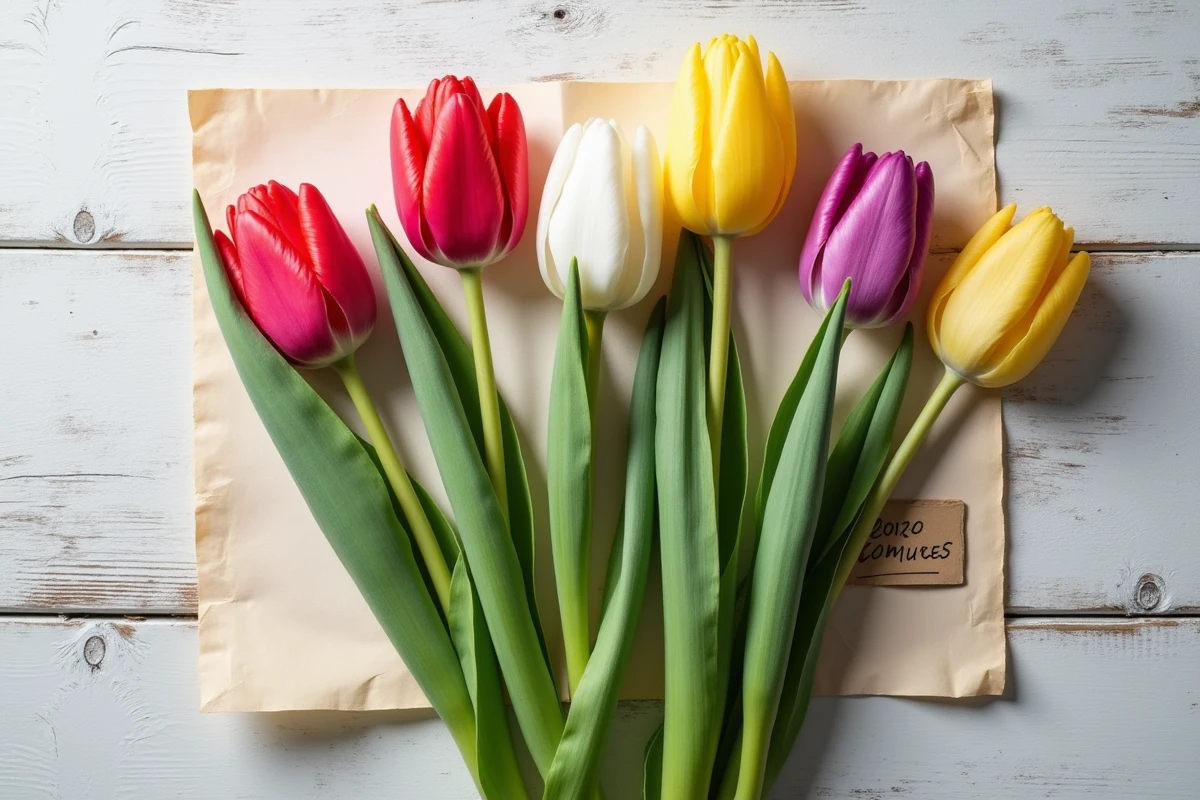 Vue de dessus de tulipes colorées étiquetées représentant les différentes significations selon la couleur des fleurs