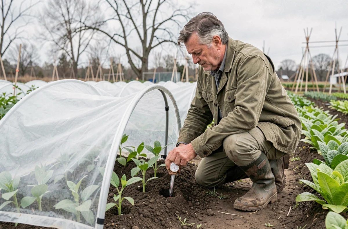 Jardinier vérifiant la température du sol sous un tunnel plastique pour la culture précoce de haricots verts