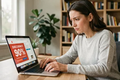 Femme vérifiant l'authenticité d'une offre promotionnelle KIMEO France à -50% sur son ordinateur portable