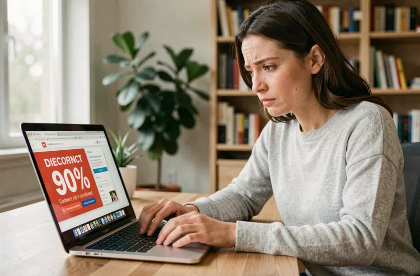 Femme vérifiant l'authenticité d'une offre promotionnelle KIMEO France à -50% sur son ordinateur portable