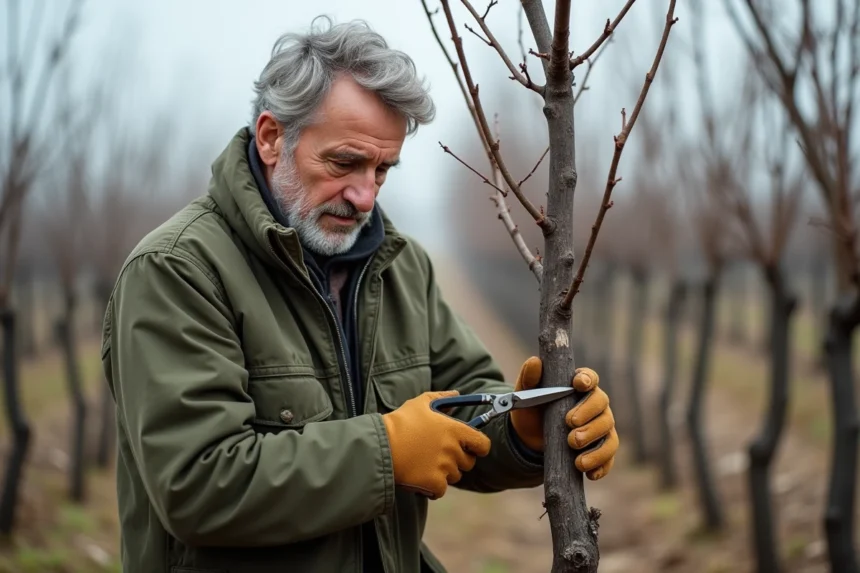 Vigneron expérimenté taillant une vigne dormante en hiver avec des sécateurs dans un vignoble français