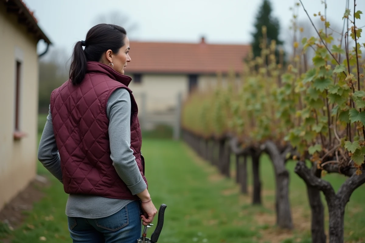 Vigneronne observant une vigne mal taillée avec trop d'éperons et de bois mort dans un vignoble familial