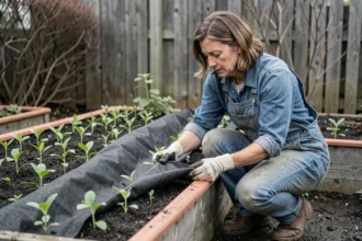 Jardinière installant un voile de forçage sur des semis de haricots verts précoces dans un potager au printemps