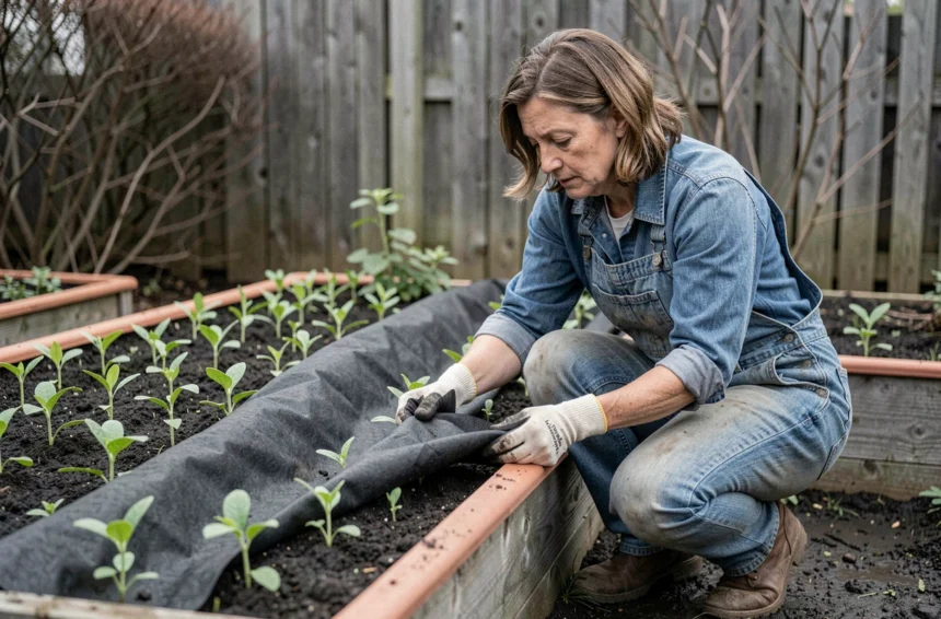 Jardinière installant un voile de forçage sur des semis de haricots verts précoces dans un potager au printemps